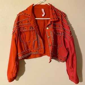 Akira Red Studded Crop Denim Jacket